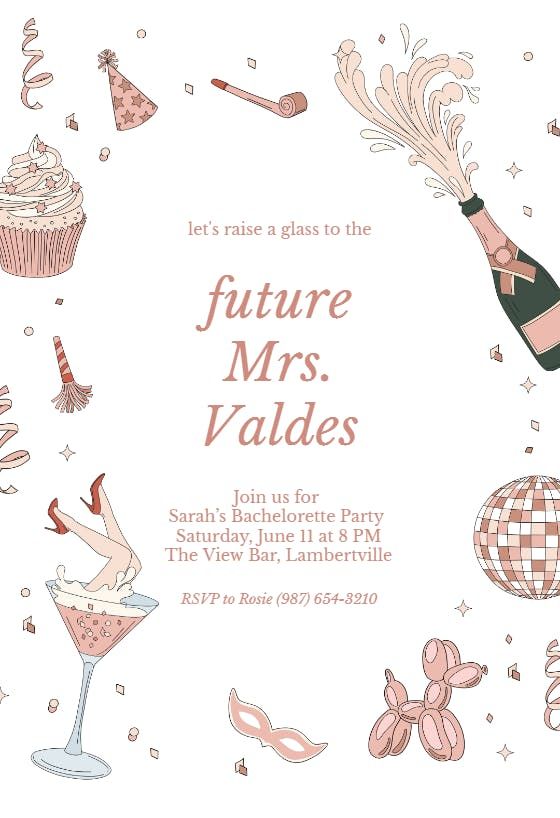 a pink and white party card with an image of the words future mrs valdes