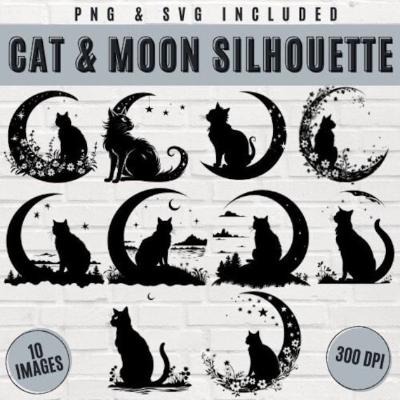 the silhouettes of cats and moon silhouettes are shown in black on a white brick wall