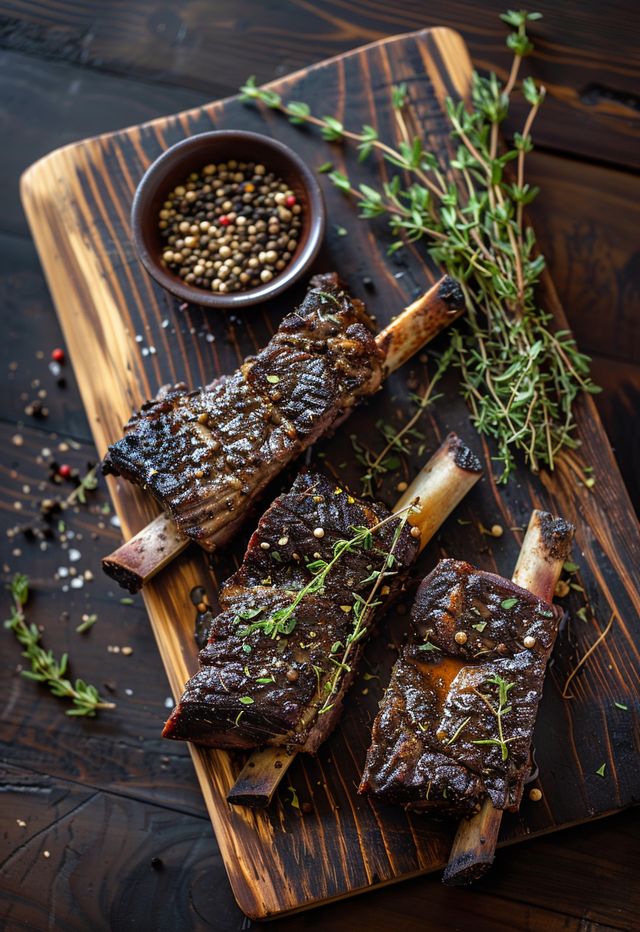 grilled steaks with herbs and seasoning on a cutting board