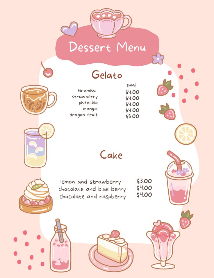 the menu for a cafe with different drinks and desserts on it's side