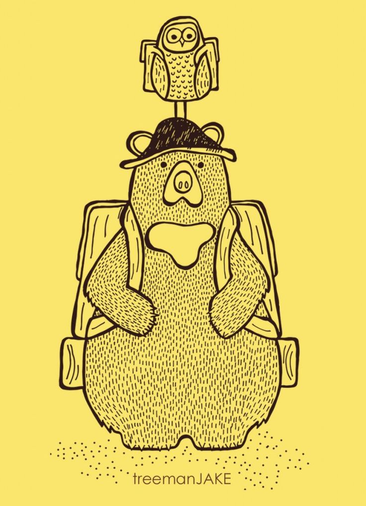 a drawing of a bear sitting in a chair with two owls on top of his head