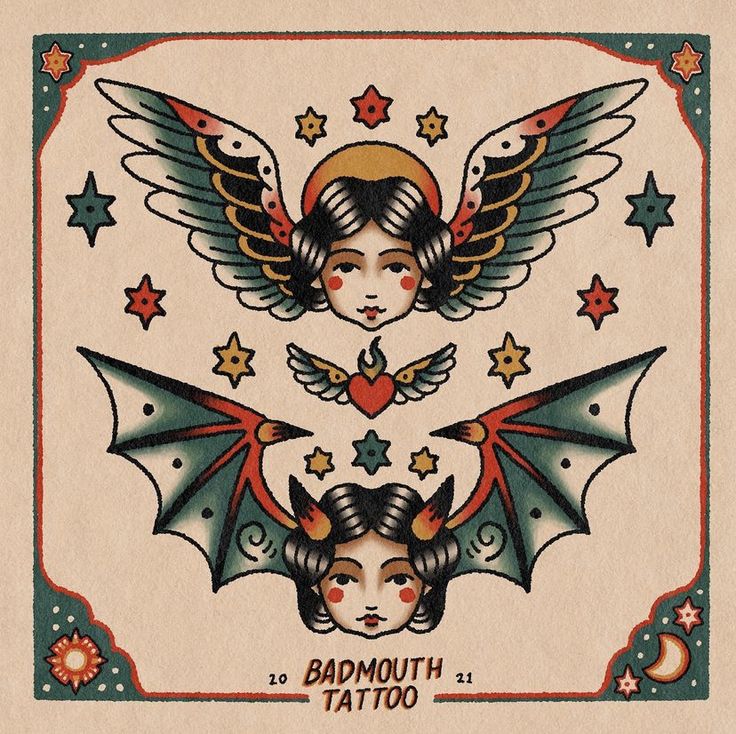 an old school tattoo design with angel and demon wings