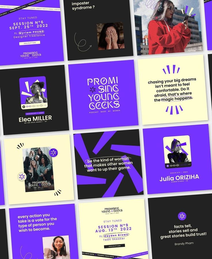 purple and black business cards with different images on the front, one is for women's rights