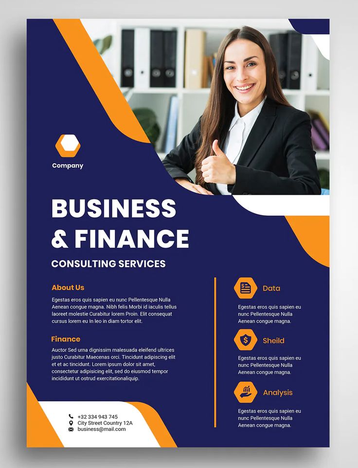 a blue and orange business brochure with an image of a woman giving the thumbs up