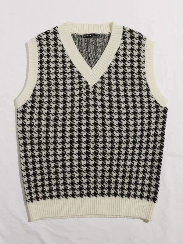 Shein Sweater, Houndstooth Sweater, Sleeveless Jumper, Cropped Pullover, Sweater Vest Women, Houndstooth Pattern, Mode Inspo, Pattern Sweater, Knitting Women