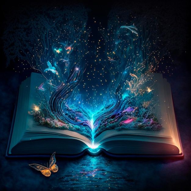 an open book with glowing pages and butterflies