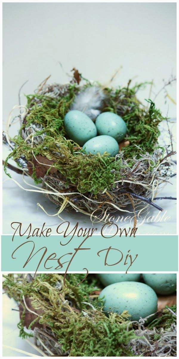 some blue eggs in a nest with moss on it and the words make your own nest diy