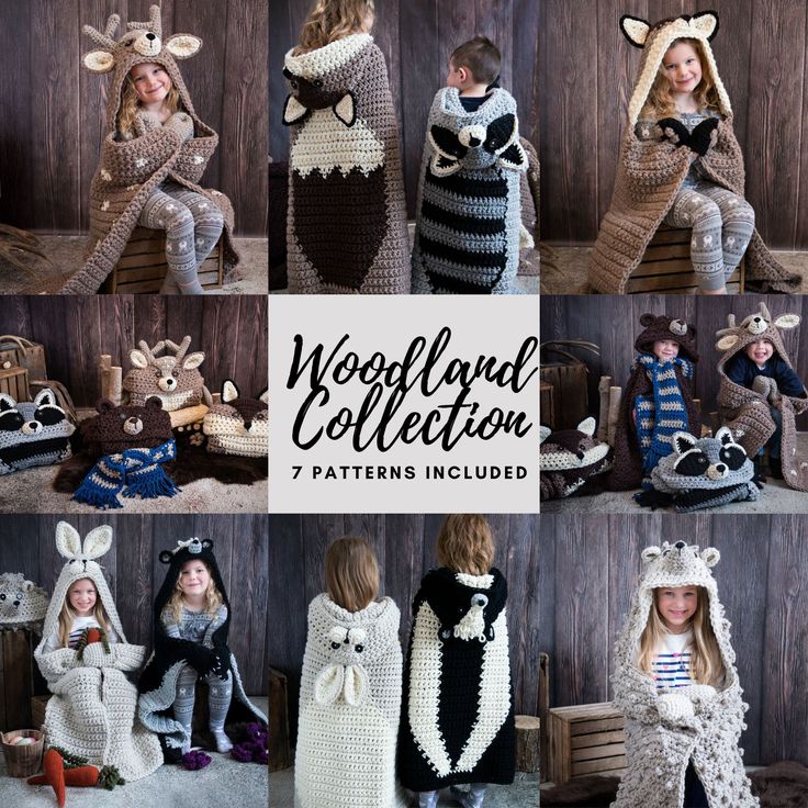 several photos of children wearing knitted animal costumes and crochet hoods, with text that reads woolly and collection 7 patterns included