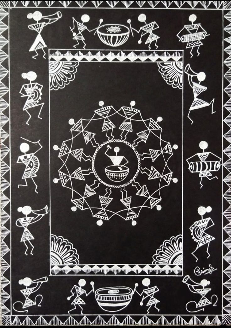 a black and white drawing with various designs on the front, including an image of people dancing