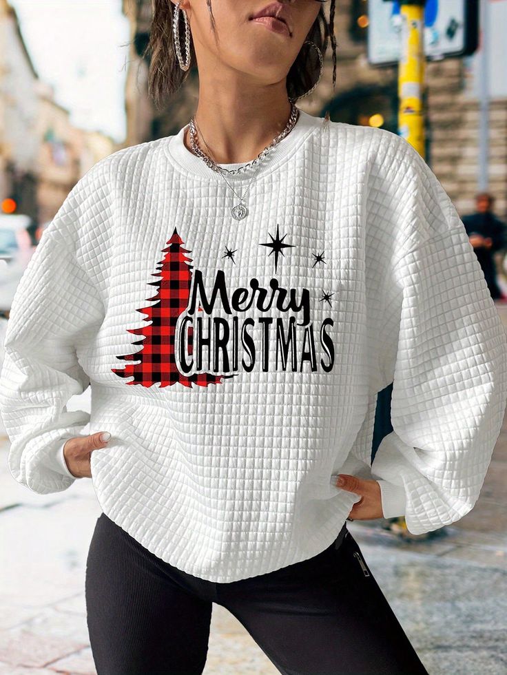 Christmas Merry Christmas Christmas Tree, Printed Casual Sports Waffle Sweatshirt, Autumn And Winter White Casual  Long Sleeve Polyester Cartoon,Christmas,Geometric,Letter,Plaid,Slogan Pullovers Slight Stretch  Women Clothing, size features are:Bust: ,Length: ,Sleeve Length: Waffle Christmas, Hoodies Womens Fashion, Casual Sporty, Knit Sweatshirt, Print Pullover, Casual Sweatshirt, Women Pullover, Printed Sweatshirts, Knitted Pullover