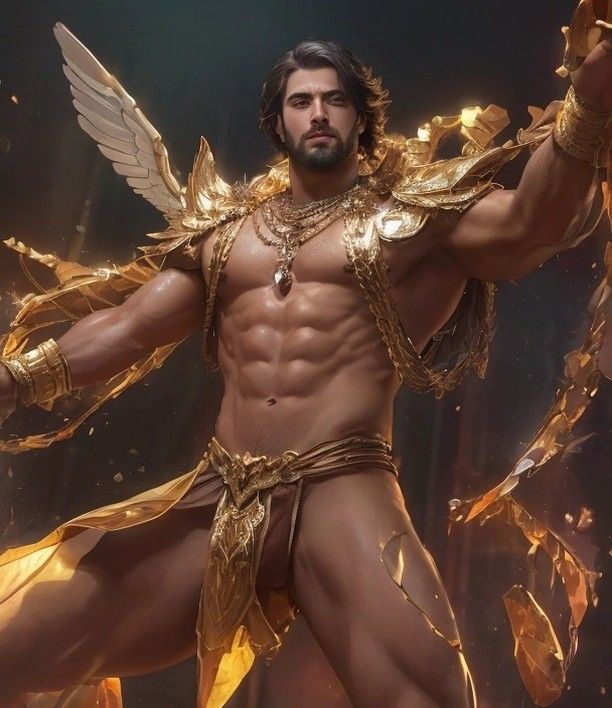 a man dressed in gold with wings on his chest and arms spread out to the side