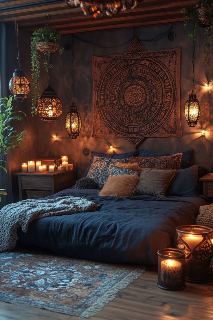 Candles in various sizes adding warmth to a dark boho-styled room. Small Dark Bedroom Ideas Cozy, Bedroom Ideas For Artists, Dark Boho Bedding, Dark Celestial Bedroom, Moody Bohemian, Boho Bedroom With Dark Walls, Bedroom Ideas Nature, Pillow Room Ideas, Bedroom Inspiration Dark