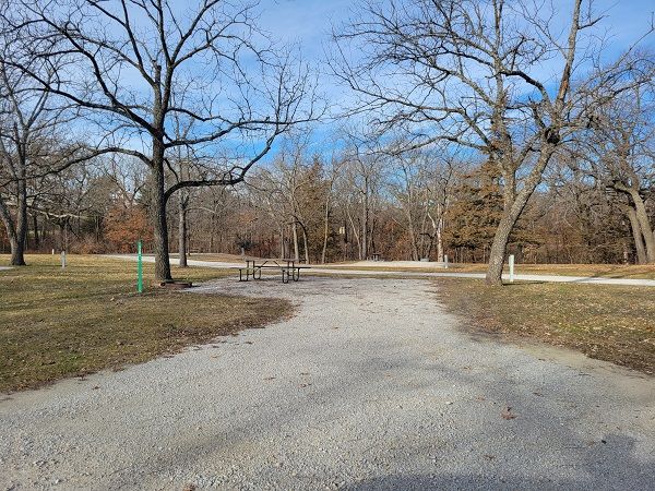 an empty park with benches and trees in the background