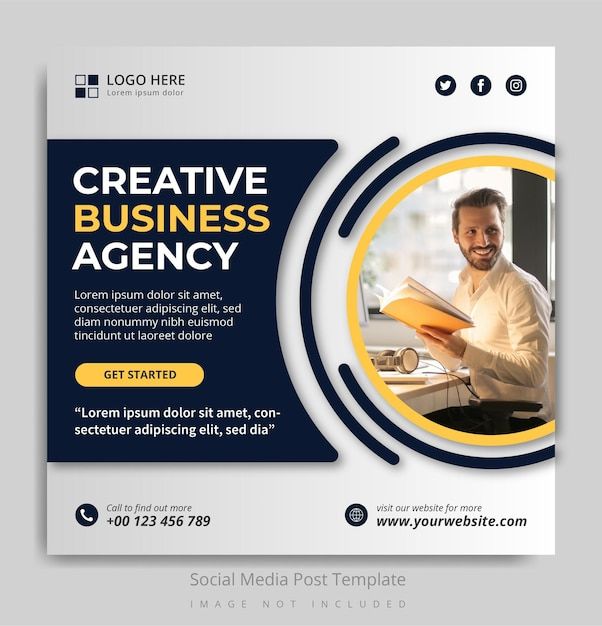 a blue and yellow business flyer with an image of a man holding a book in his hand