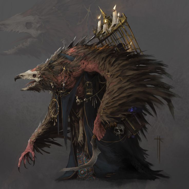 an animal like creature with horns and feathers on it's head, standing in front of a dark background