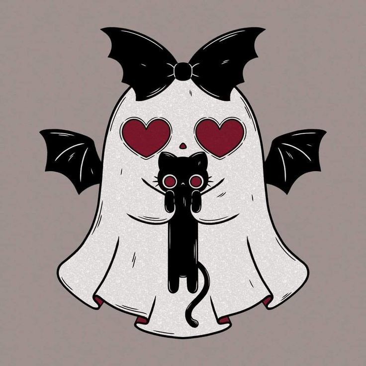 a black and white cat with red hearts on it's eyes in the shape of a ghost