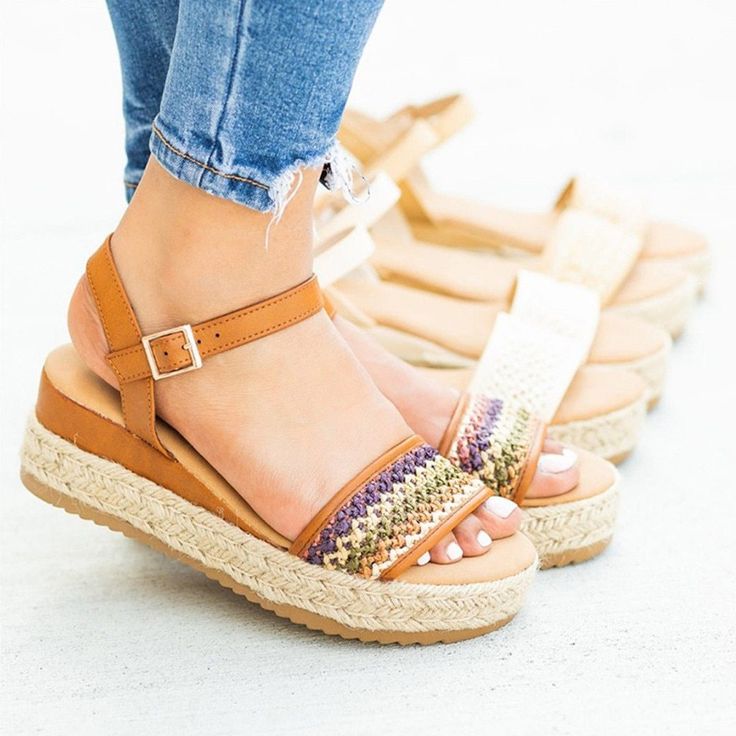 Ladies Bohemian Hemp Rope Weaving thick buckle platform Sandals – oh!My Lady Most Comfortable Sandals, Boho Sandals, Beautiful Sandals, Espadrilles Platform, Espadrille Sandals, Sandals Brands, Ankle Straps, Sandals Summer, Types Of Fashion Styles