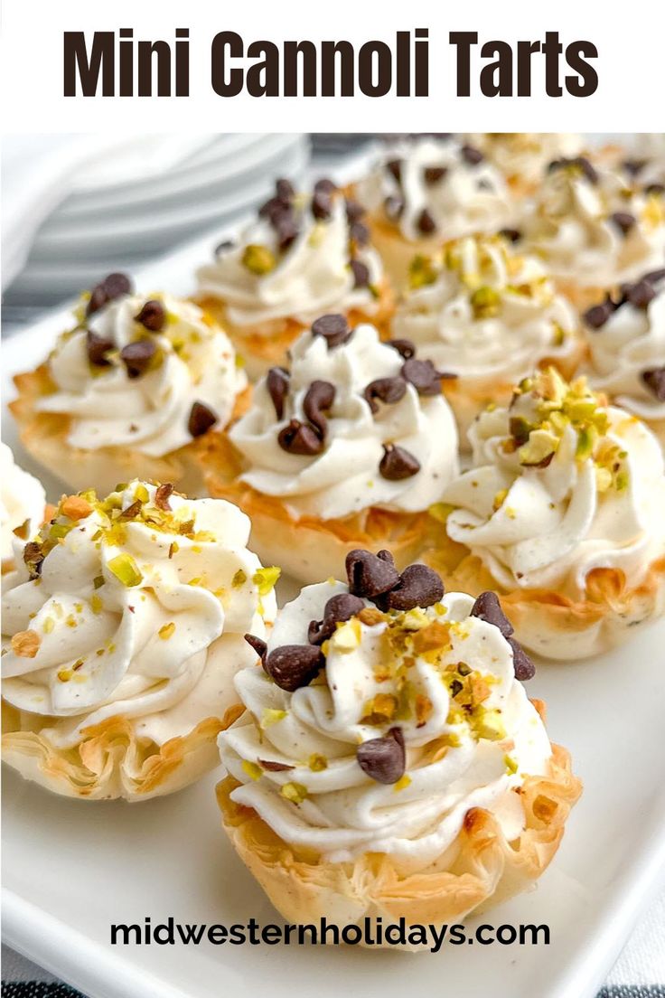 mini cannoli tarts with white frosting and chocolate chips