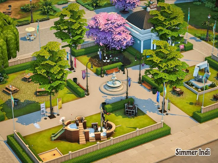 an artist's rendering of a park with trees, benches and people in it