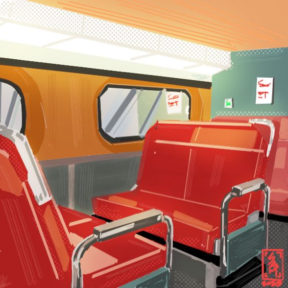 the interior of a train with red seats