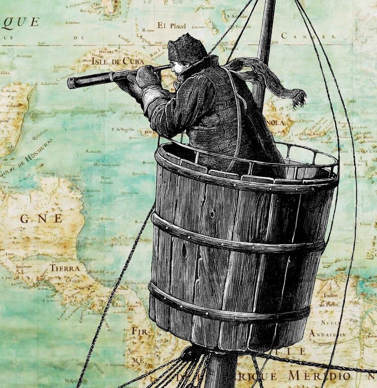 a drawing of a man sitting in a barrel on top of a map with a telescope