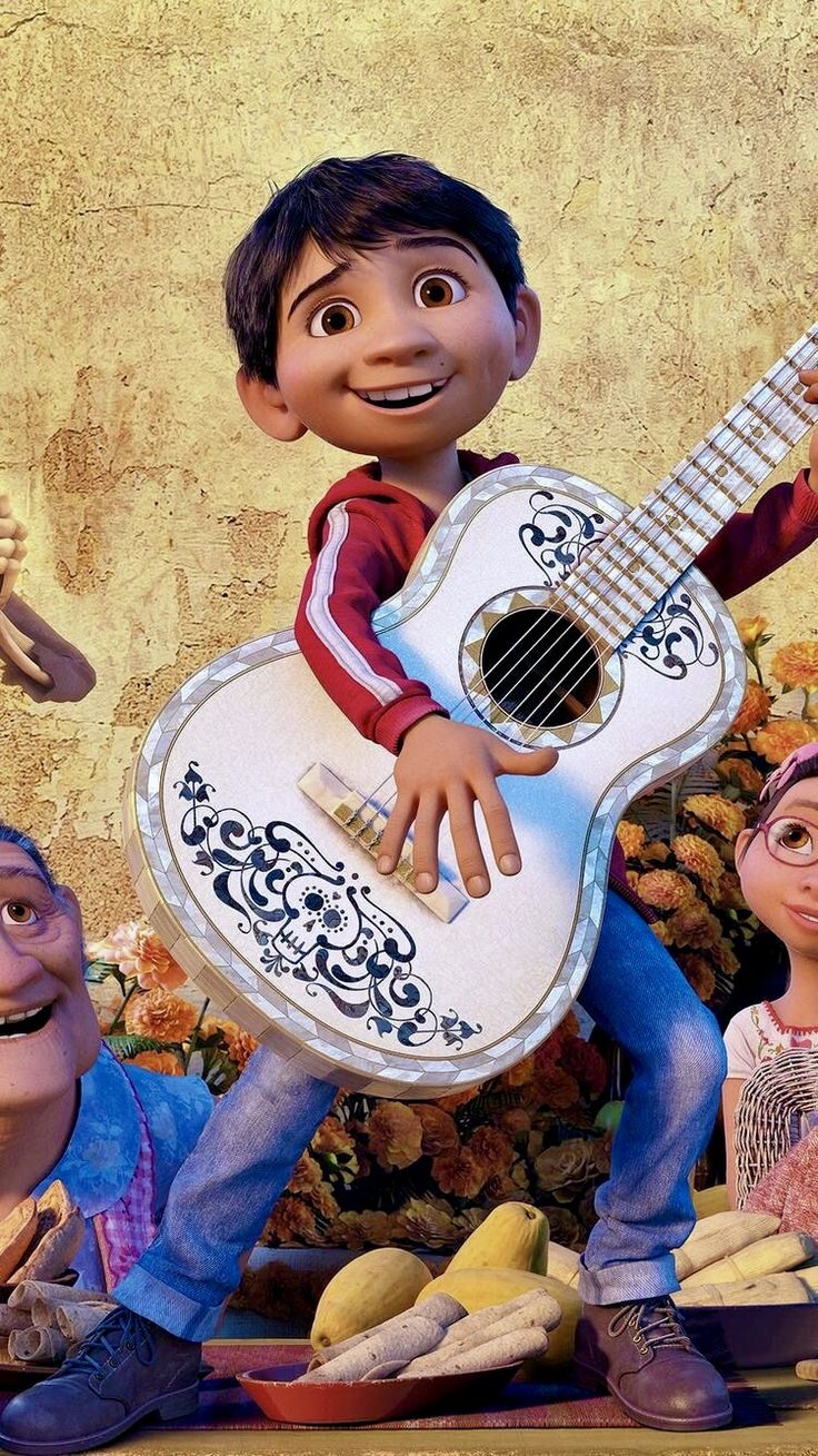 an animated character holding a guitar with other characters around him