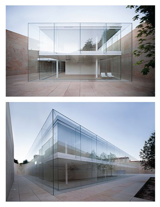 two photographs of the inside and outside of a building with glass walls on each side