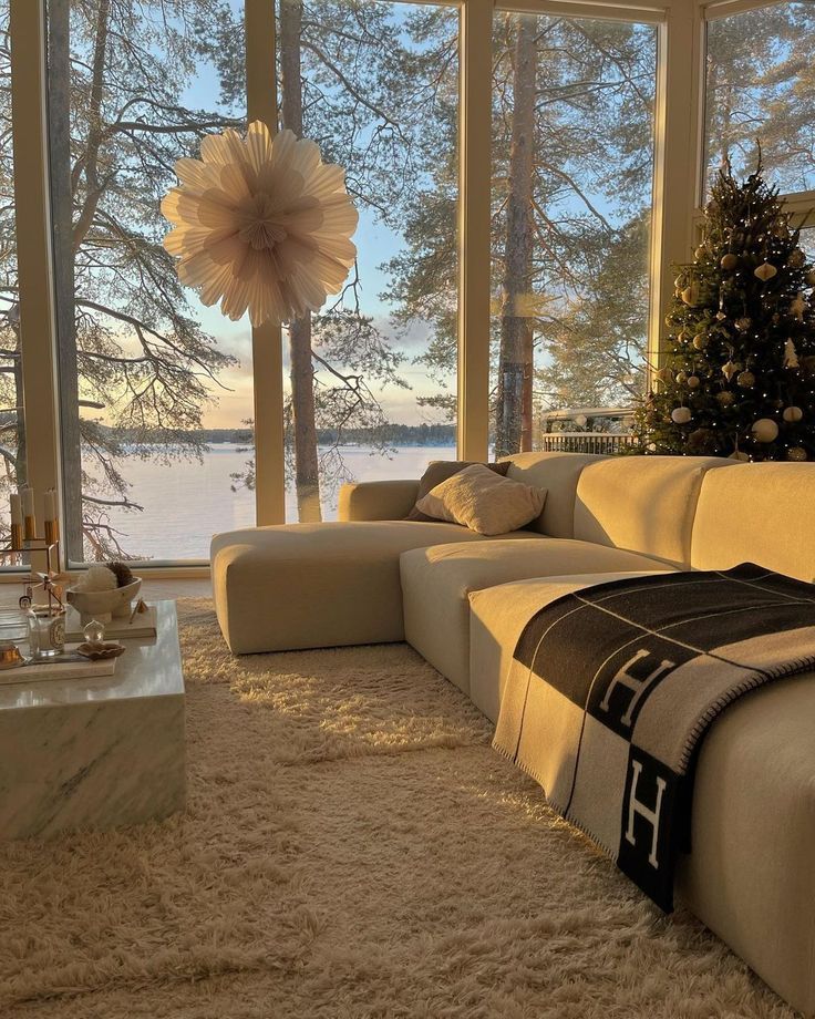 a living room filled with furniture and a large window covered in frosty white snow