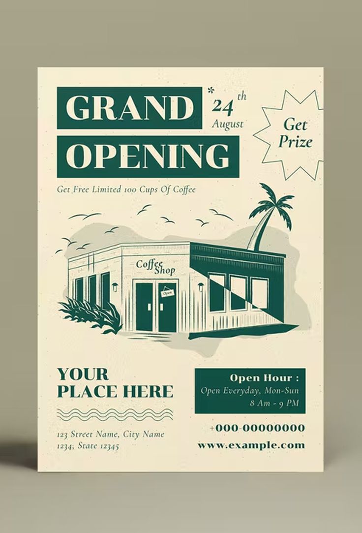 a flyer for an open air coffee shop with palm trees and the words grand opening on it