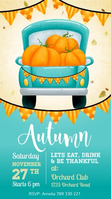 an autumn party flyer with pumpkins in a blue truck and leaves on the ground