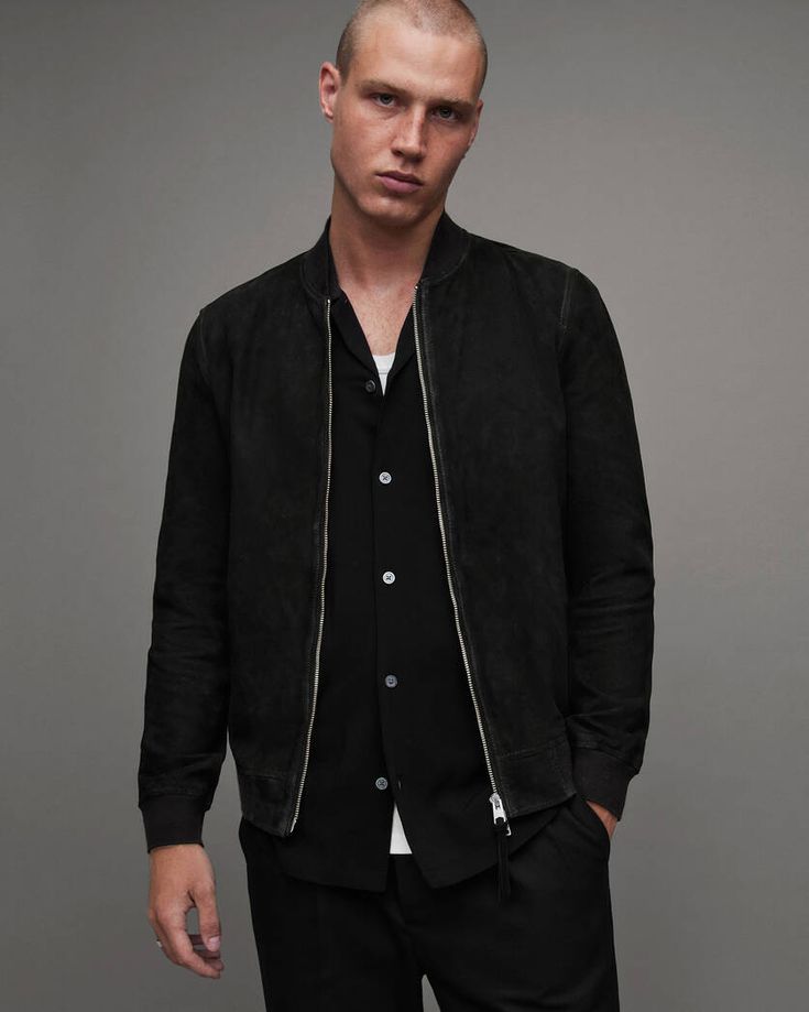 Ronan Suede Bomber Jacket Black | ALLSAINTS US Leather Shorts Women, Leather Jumpsuit, Suede Leather Jacket, Distressed Jacket, Custom Jacket, Leather Shirt, Brown Jacket, Leather Blazer, Shearling Jacket