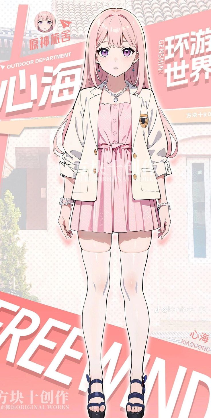 an anime character is standing in front of a pink background