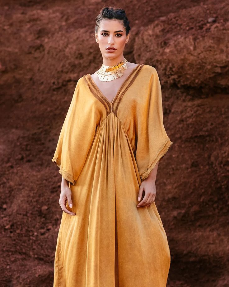 Dress Volra Mes Demoiselles color Ocre Color Ocre, Kaftan Dress, Model Fits, Winter 2023, V Neckline, Satin Dress, Mode Inspiration, Linen Clothes, Independent Designers Fashion