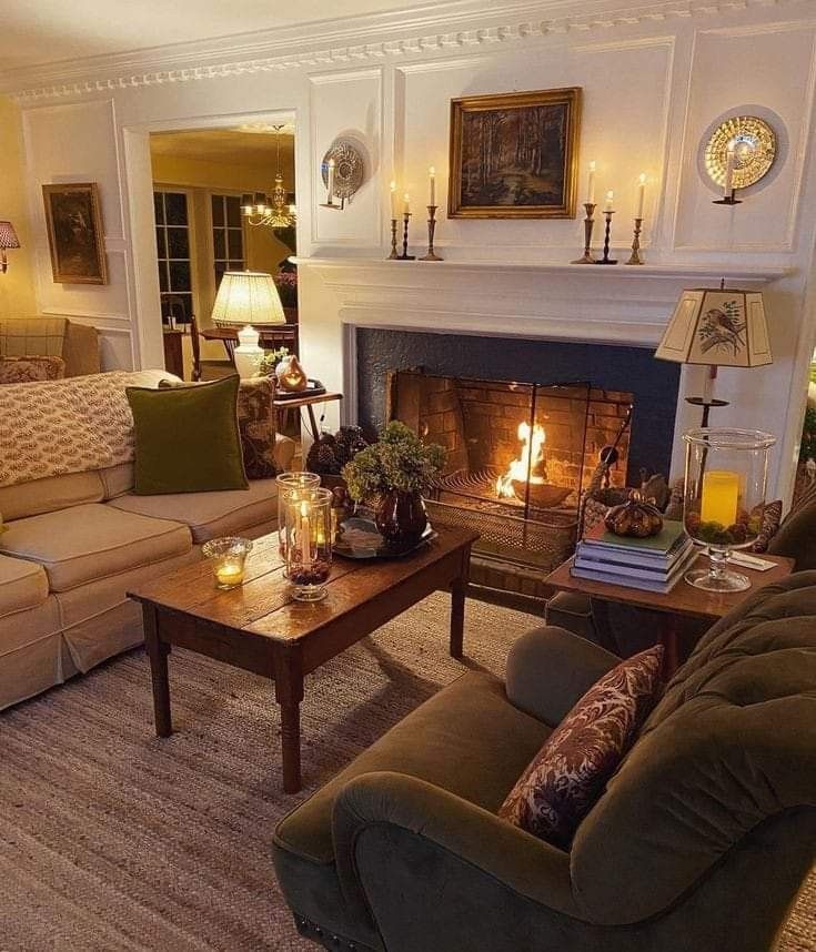 a living room filled with furniture and a fire place in the middle of the room