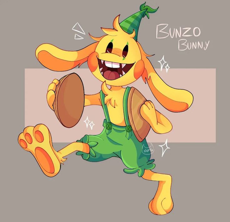 a cartoon character running with an object in his hand and the words bunzo bunny above it