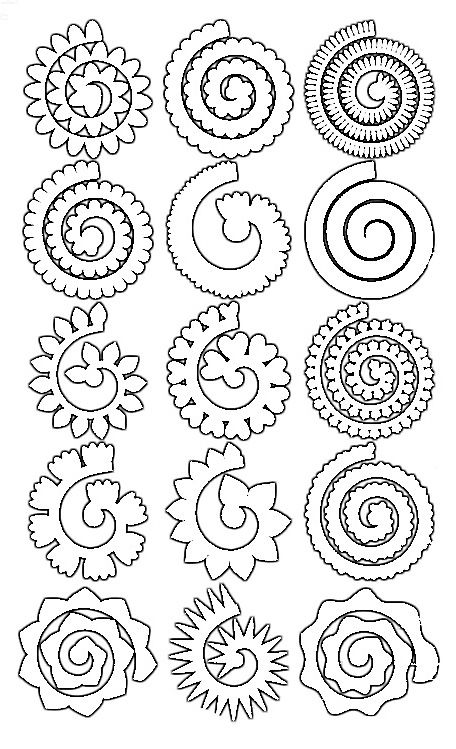 the different types of flowers that can be seen in this coloring page, including spirals and