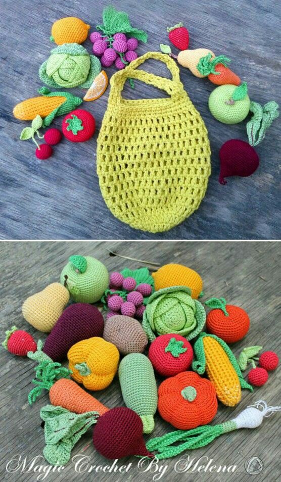 crocheted vegetables and fruits are on the floor next to a bag with handles