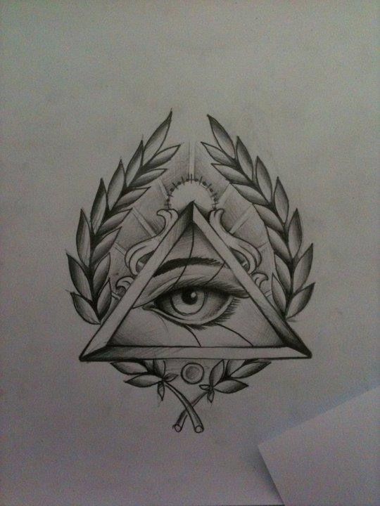 a drawing of an all seeing eye with leaves around it and a triangle in the middle