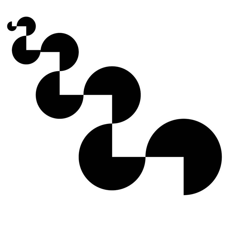 an abstract black and white logo with two spirals in the middle, on a white background