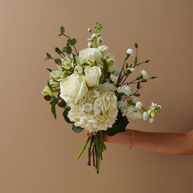 White Hydrangea + White Roses, Mini-carnations & Alstroe - The Bouqs Co. Green Hydrangea Wedding, Small Wedding Bouquets, Hydrangea White, Hydrangea Bouquet Wedding, Simple Wedding Bouquets, Bridesmaid Bouquet White, Green Wedding Bouquet, Wedding Bouquets Bride, Green Bouquet