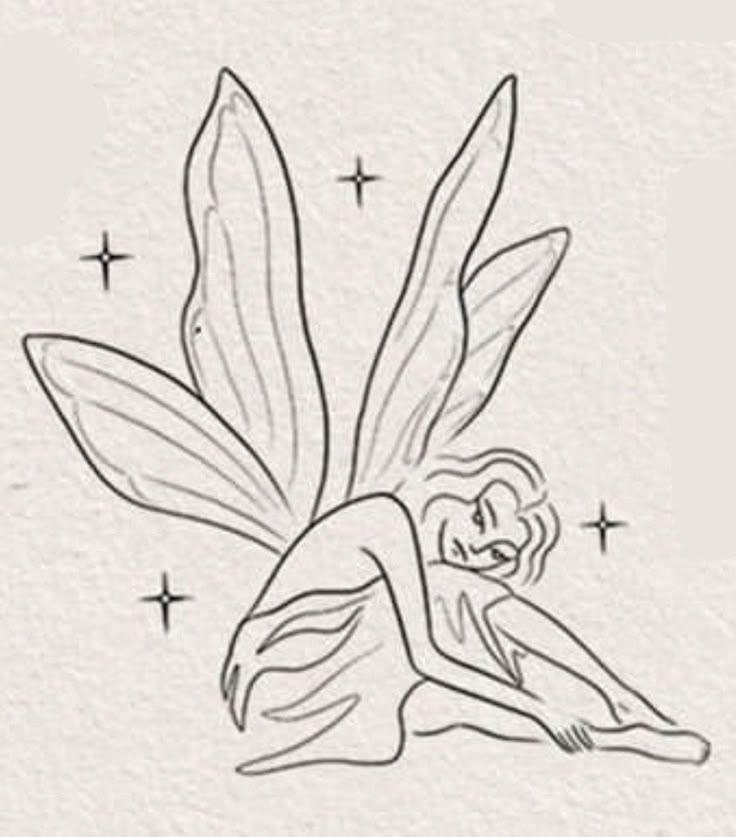 a drawing of a fairy sitting on the ground with stars in the sky behind it