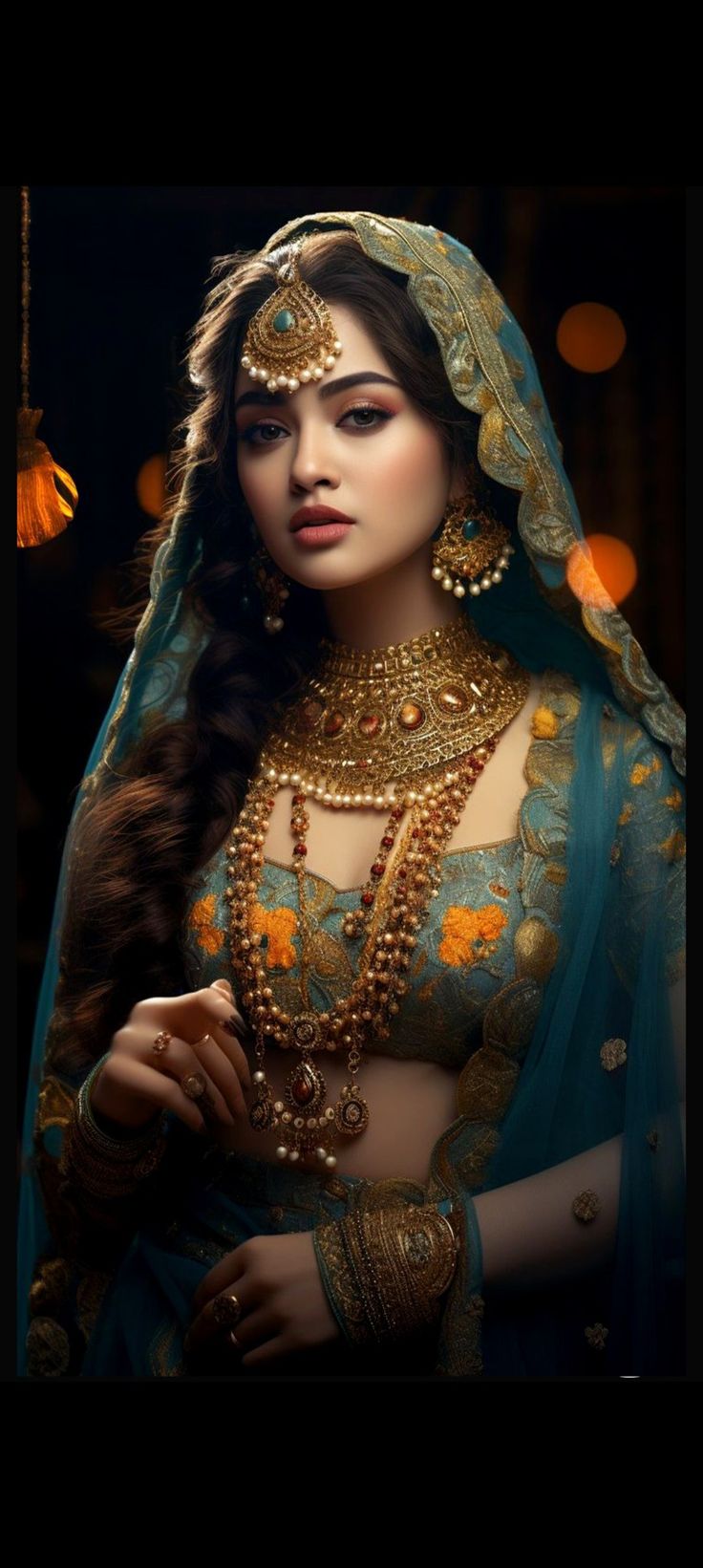 a woman in a blue and gold bridal outfit with jewelry on her head,