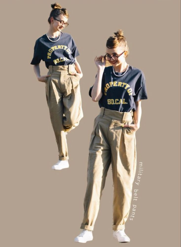 two young women wearing matching pants and t - shirts