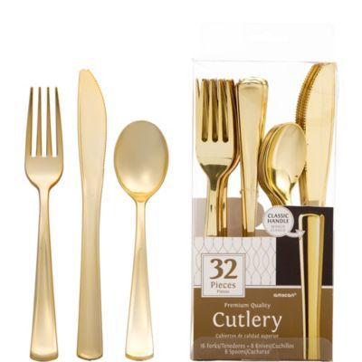 cutlery set with gold colored forks and spoons