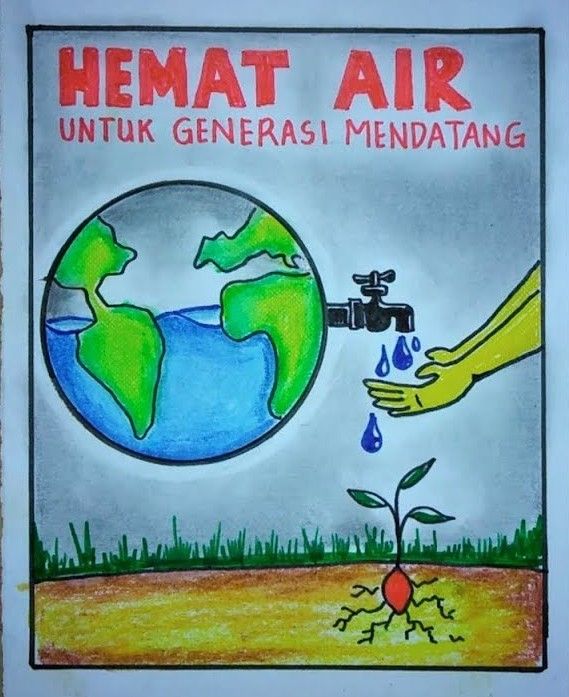 a poster with the words hemat air and an image of a hand holding a sprout