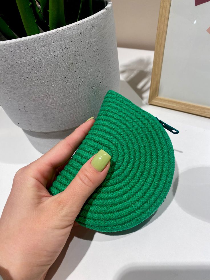 a woman's hand is holding a green sponge next to a potted plant