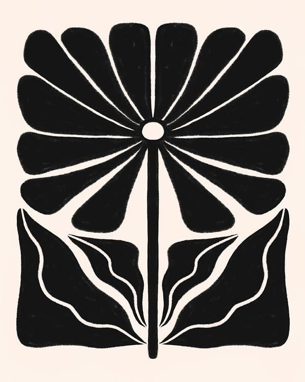 a black and white drawing of a flower with leaves on it's petals in the shape of a sunburst