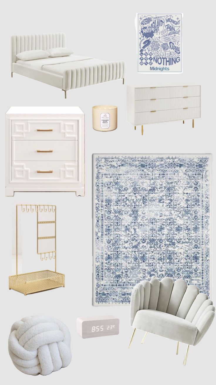 an assortment of white furniture and accessories including a bed, dresser, chair, rug