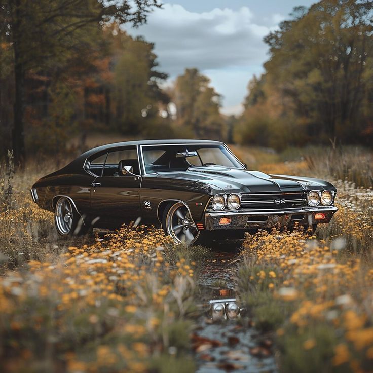 an old car parked in the middle of a field with yellow flowers and trees around it