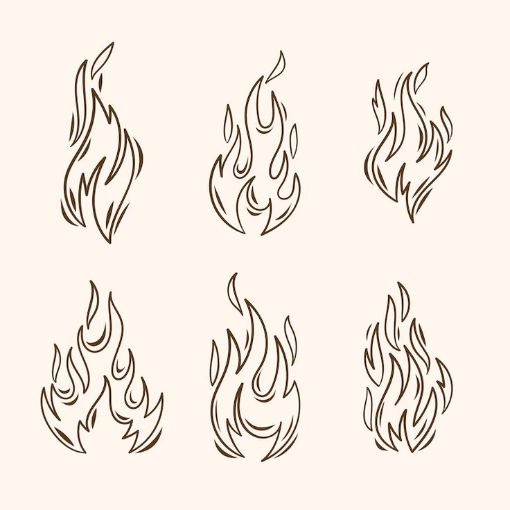 four different types of fire flames on a white background, each with black and brown lines